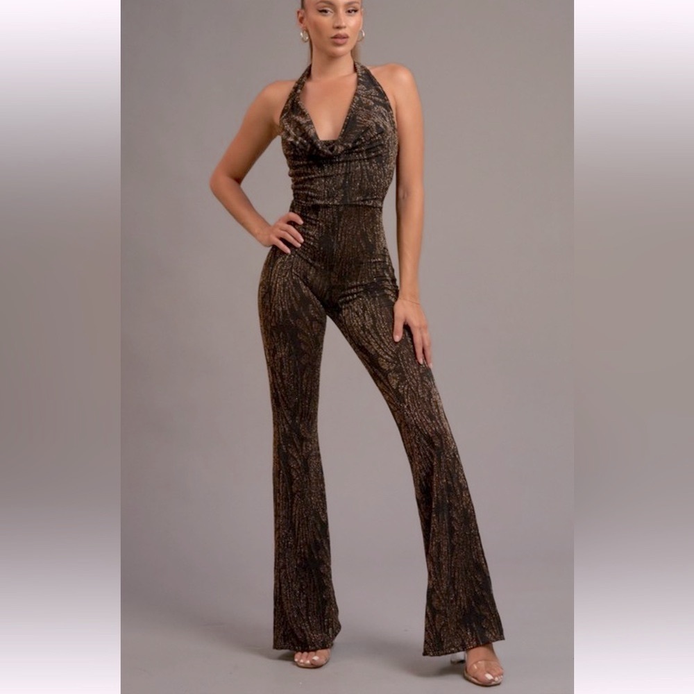 #277 black and gold halter jumpsuit